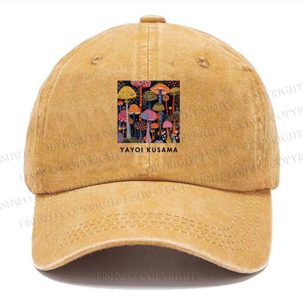 Unisex Vintage Casual Yayoi Kusama Colorful Mushroom Printed Washed Cap