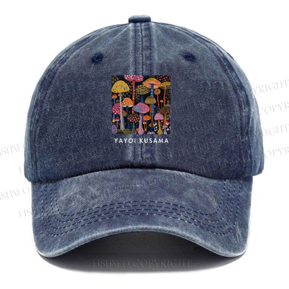 Unisex Vintage Casual Yayoi Kusama Colorful Mushroom Printed Washed Cap