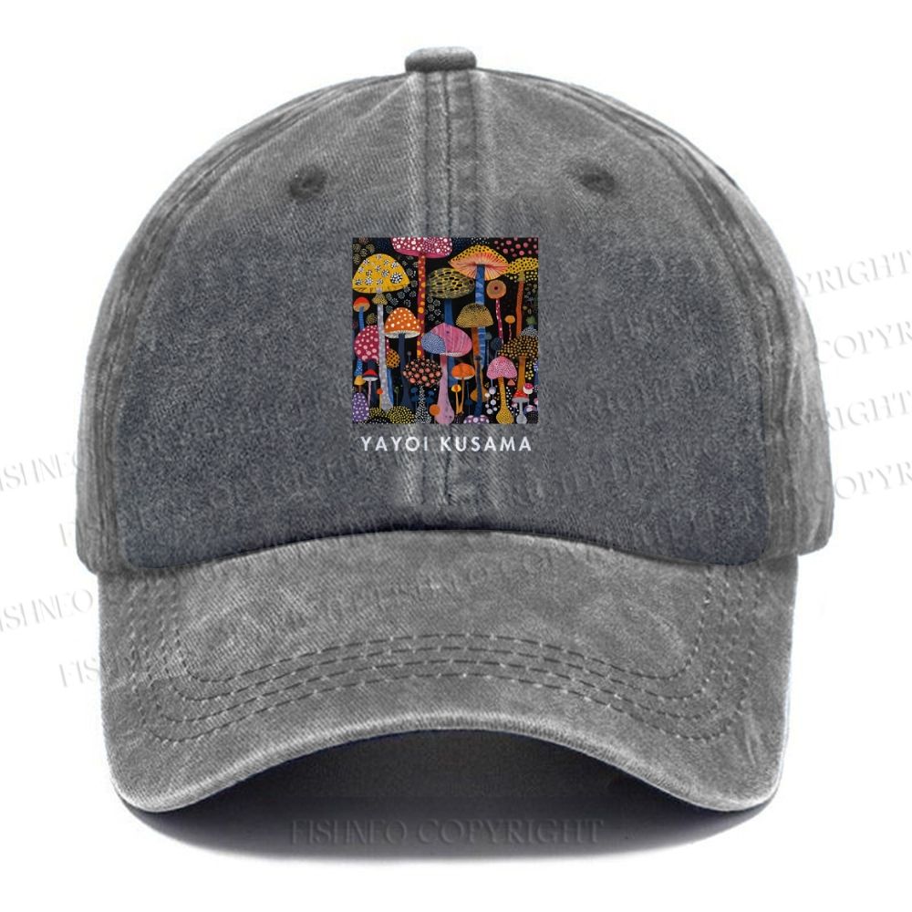Unisex Vintage Casual Yayoi Kusama Colorful Mushroom Printed Washed Cap