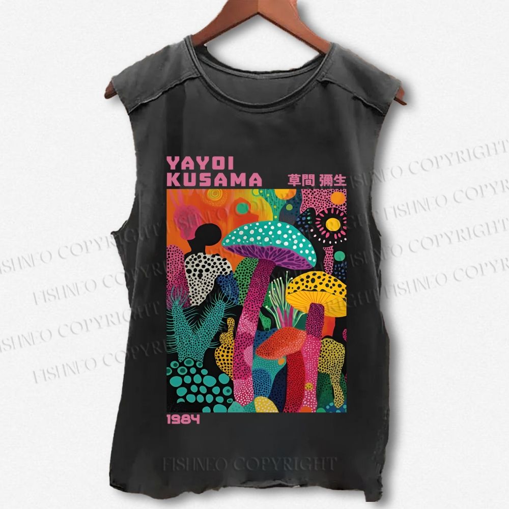 Unisex Yayoi Kusama Multicolor Mushroom Printed Washed Tank Top