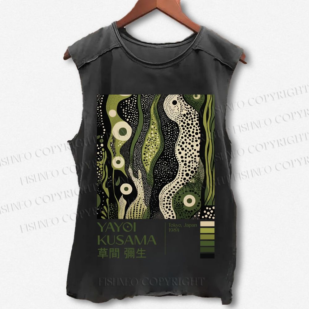 Unisex Yayoi Kusama Green Wood Printed Washed Tank Top