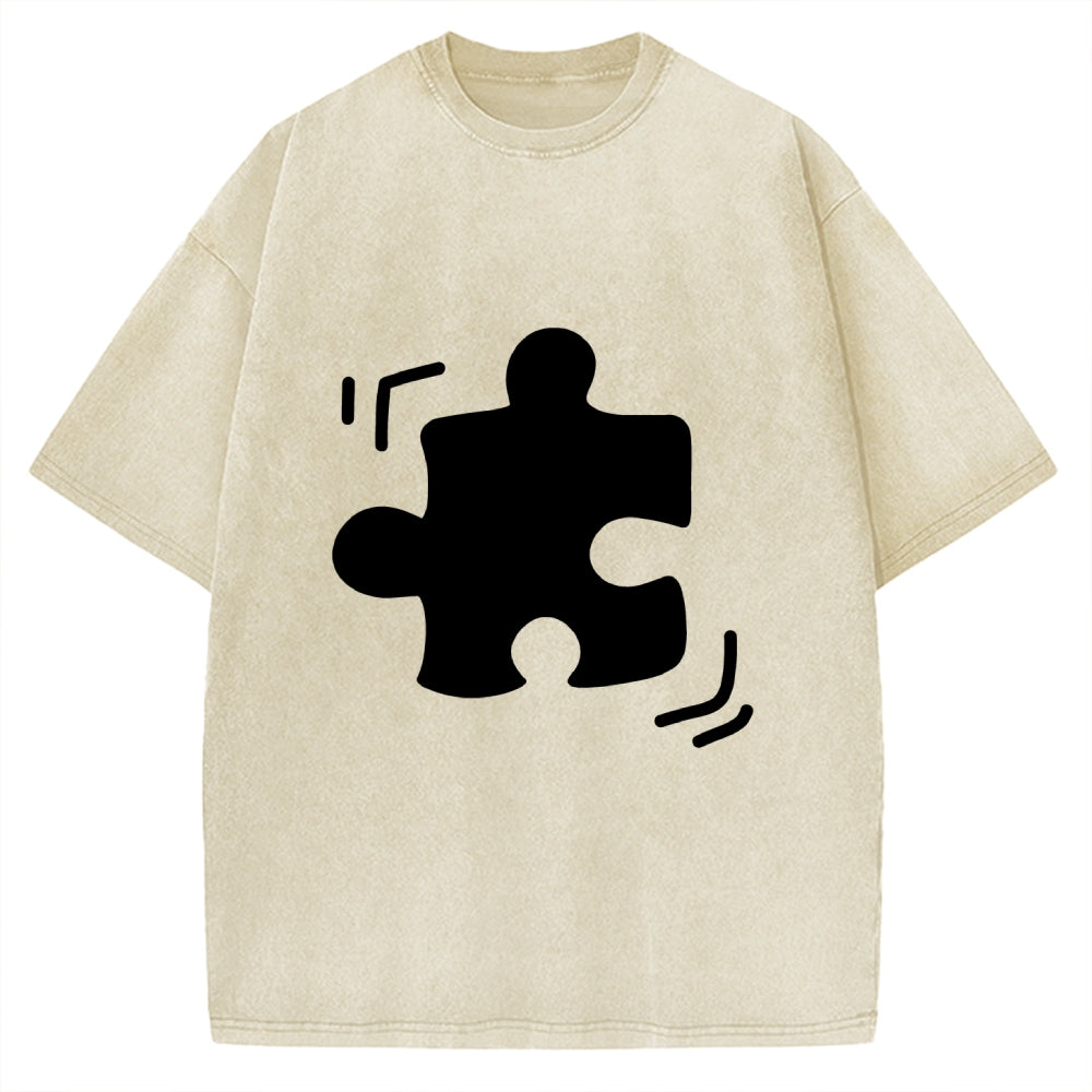 Unisex Black Puzzle Piece Printed Washed Tee