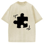 Unisex Black Puzzle Piece Printed Washed Tee