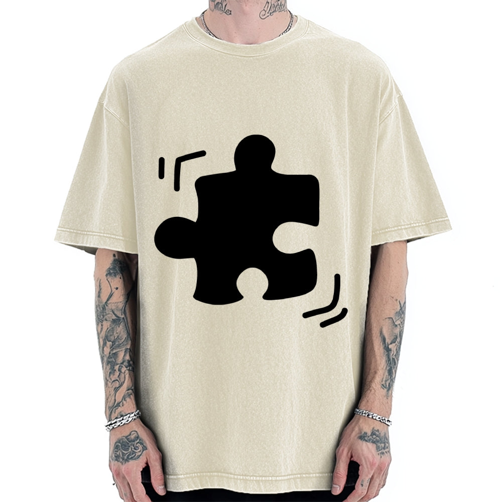 Unisex Black Puzzle Piece Printed Washed Tee