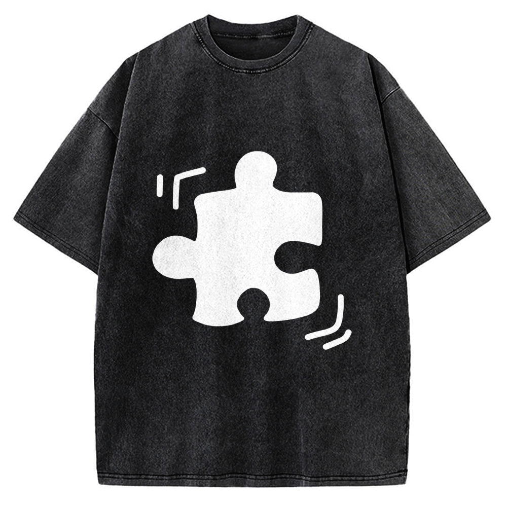Unisex Black Puzzle Piece Printed Washed Tee
