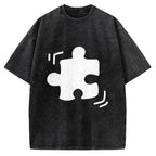 Unisex Black Puzzle Piece Printed Washed Tee