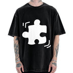 Unisex Black Puzzle Piece Printed Washed Tee