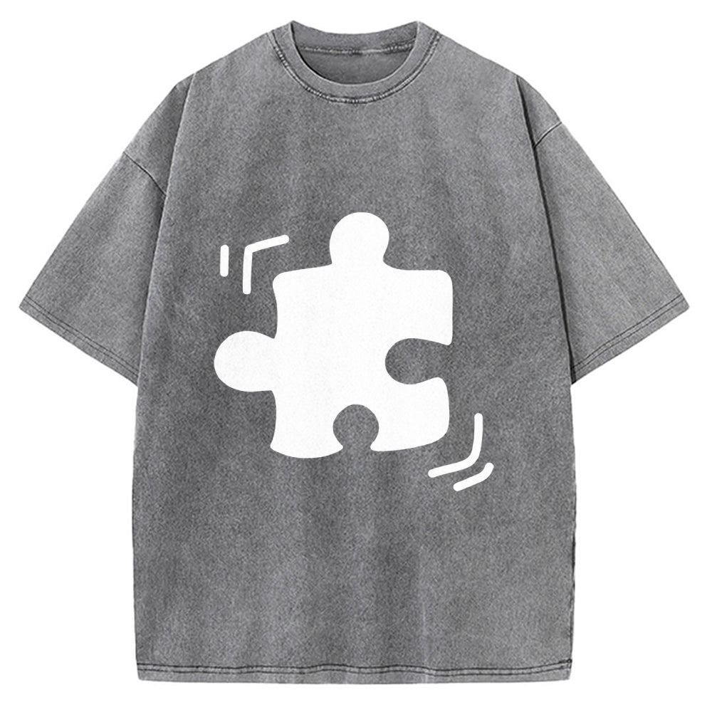 Unisex Black Puzzle Piece Printed Washed Tee