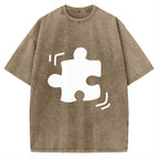 Unisex Black Puzzle Piece Printed Washed Tee