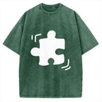 Unisex Black Puzzle Piece Printed Washed Tee