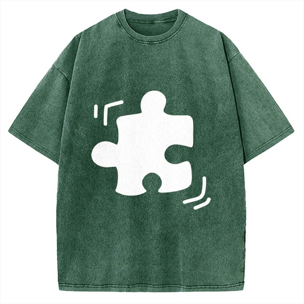 Unisex Black Puzzle Piece Printed Washed Tee