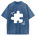 Unisex Black Puzzle Piece Printed Washed Tee