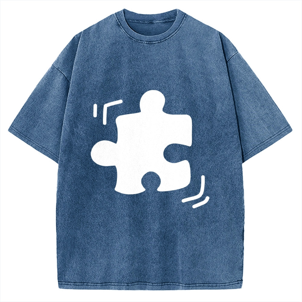 Unisex Black Puzzle Piece Printed Washed Tee