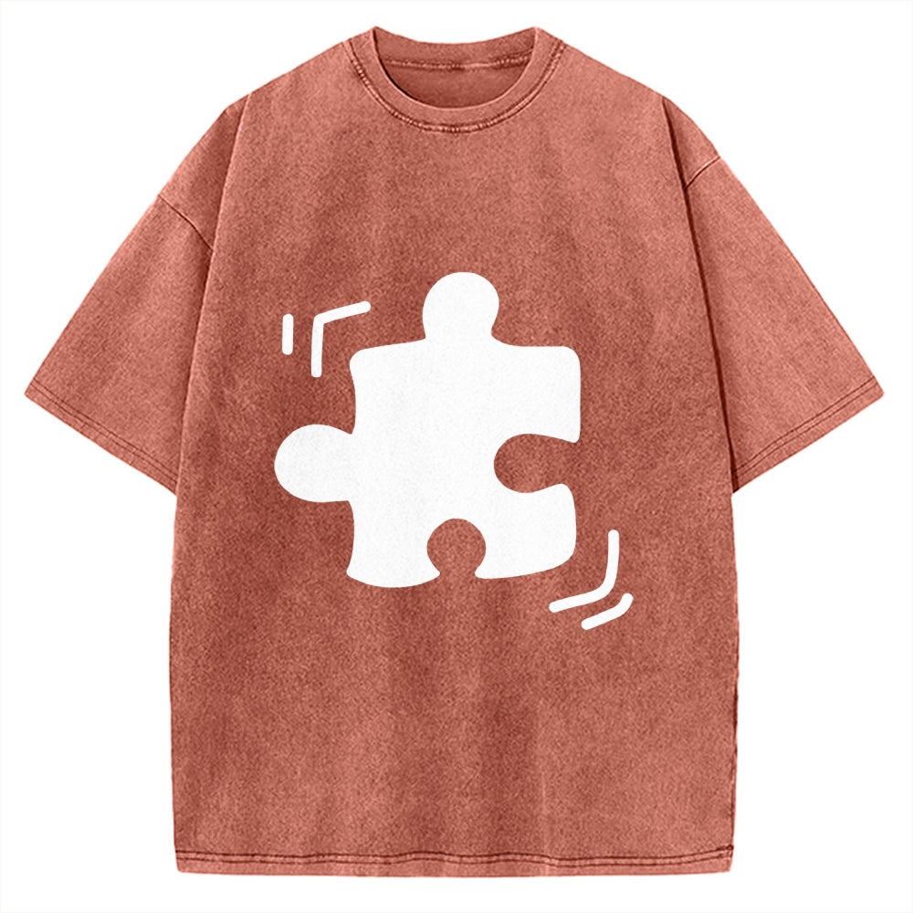 Unisex Black Puzzle Piece Printed Washed Tee
