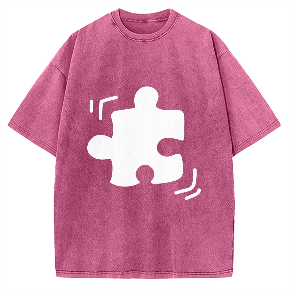 Unisex Black Puzzle Piece Printed Washed Tee