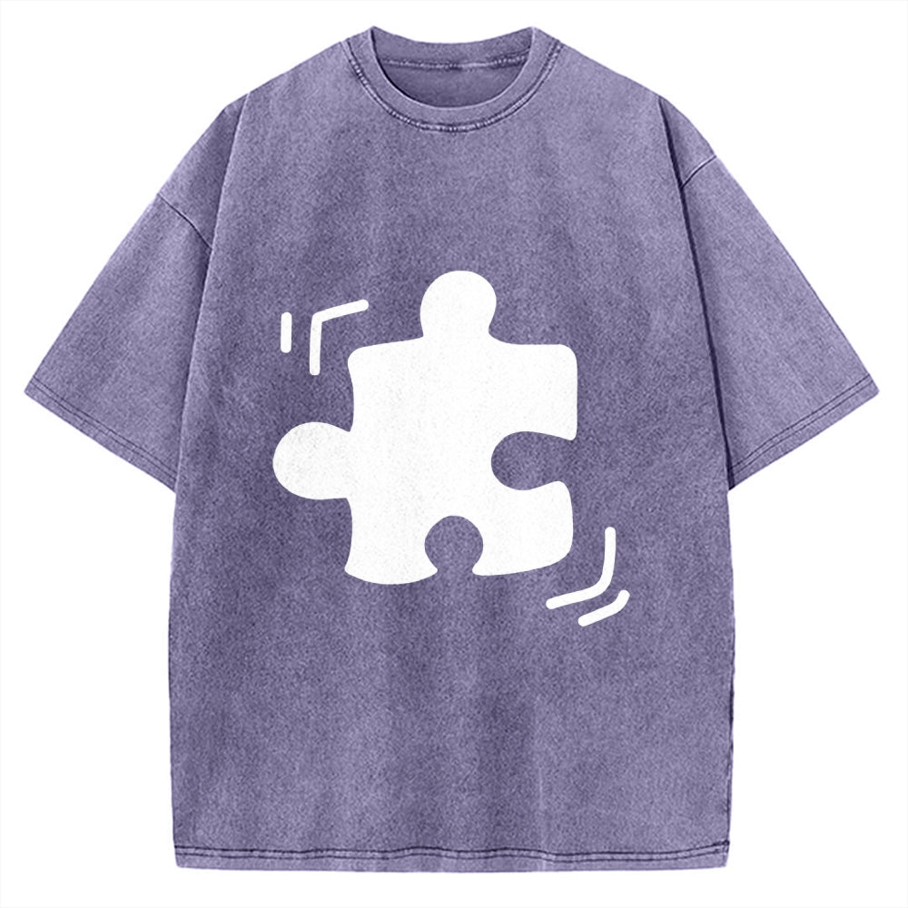 Unisex Black Puzzle Piece Printed Washed Tee
