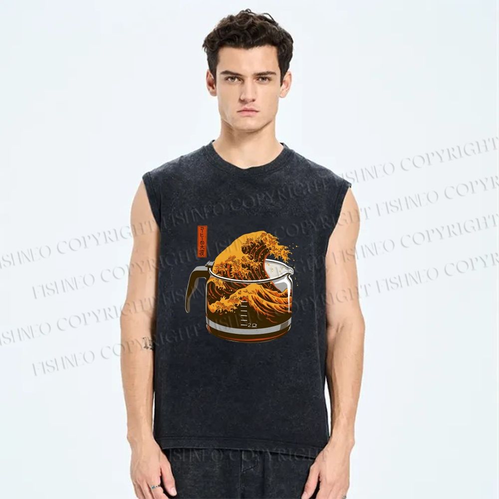 Unisex Coffee Cup Surfing Printed Washed Tank Top