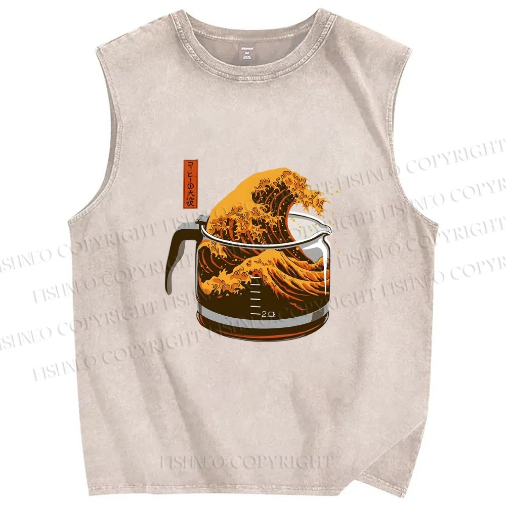 Unisex Coffee Cup Surfing Printed Washed Tank Top