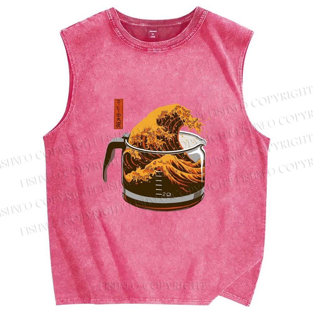Unisex Coffee Cup Surfing Printed Washed Tank Top