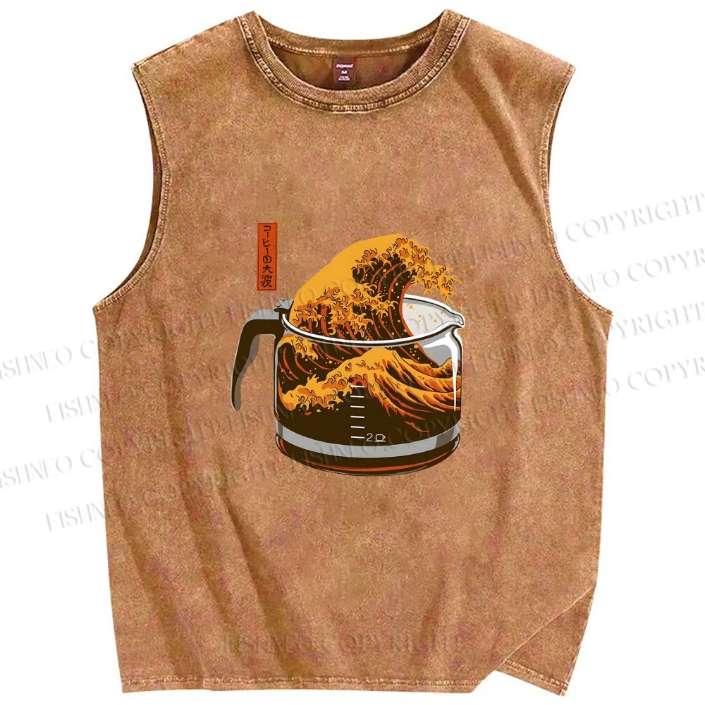 Unisex Coffee Cup Surfing Printed Washed Tank Top