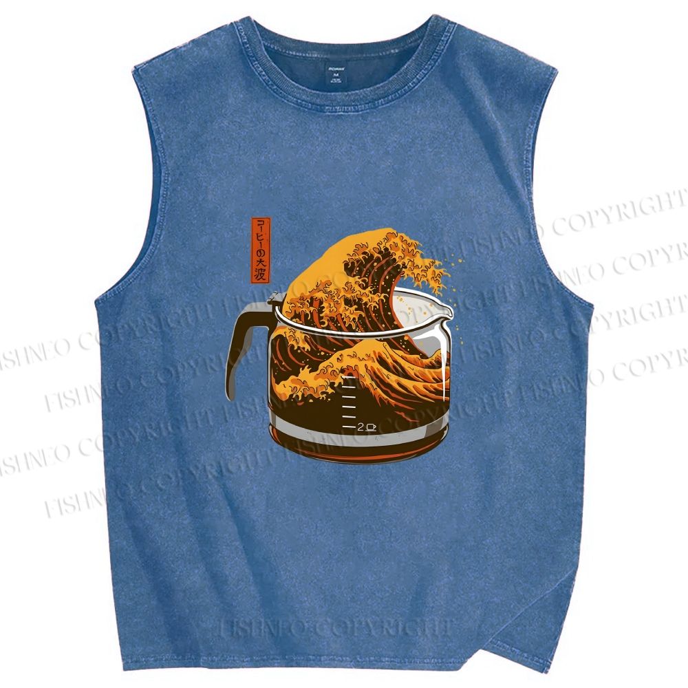 Unisex Coffee Cup Surfing Printed Washed Tank Top
