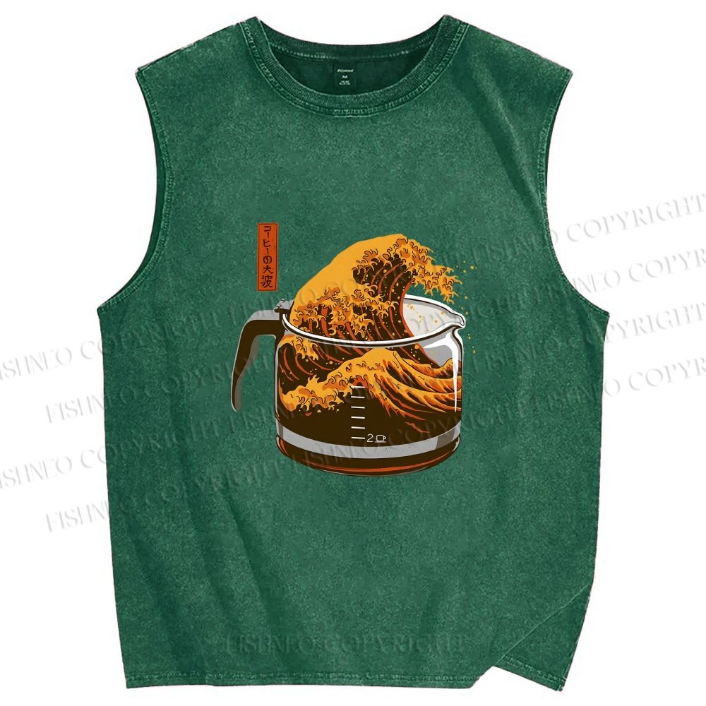 Unisex Coffee Cup Surfing Printed Washed Tank Top