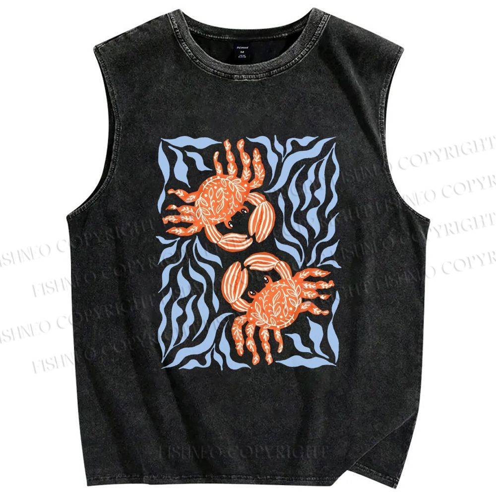 Unisex Crabs Surfing Printed Washed Tank Top