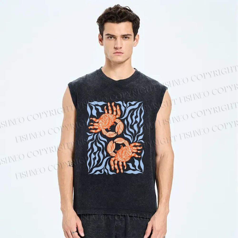Unisex Crabs Surfing Printed Washed Tank Top