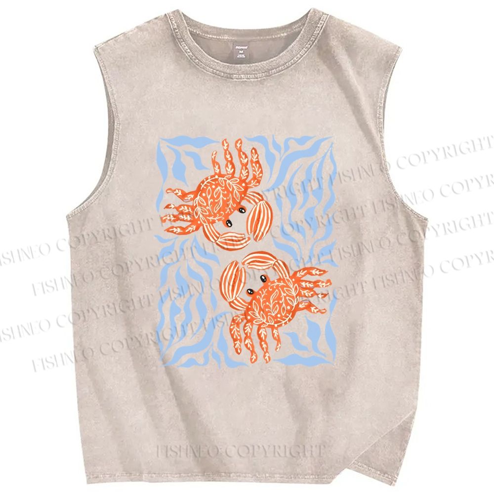 Unisex Crabs Surfing Printed Washed Tank Top