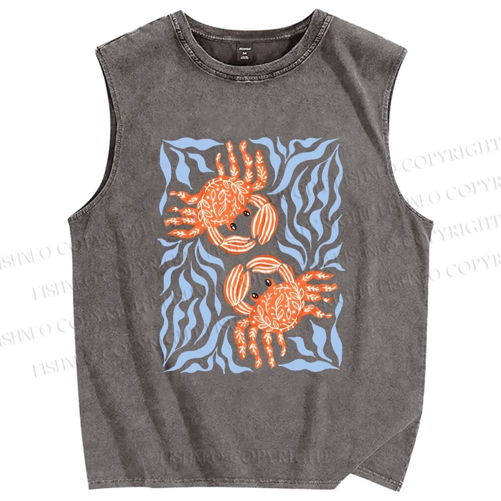 Unisex Crabs Surfing Printed Washed Tank Top