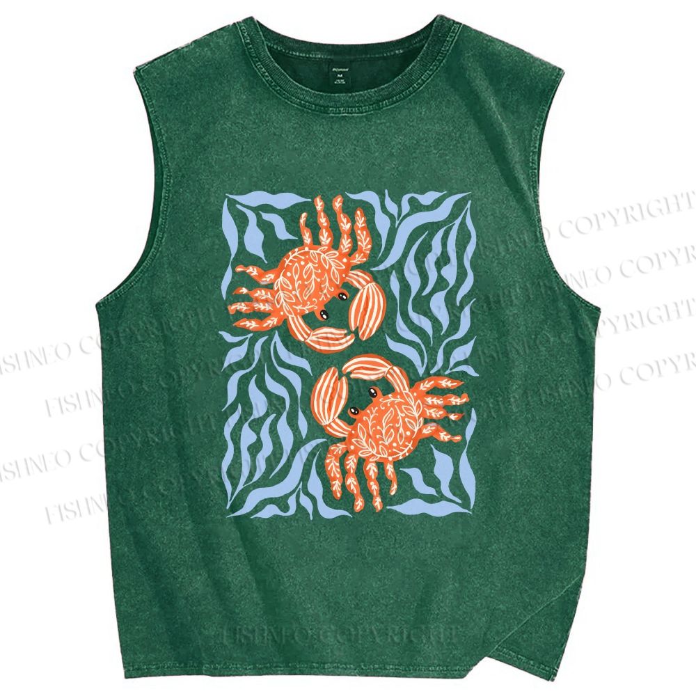 Unisex Crabs Surfing Printed Washed Tank Top