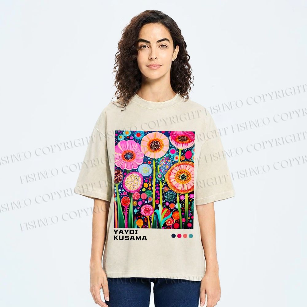 Unisex Yayoi Kusama Flowers Printed Washed Tee