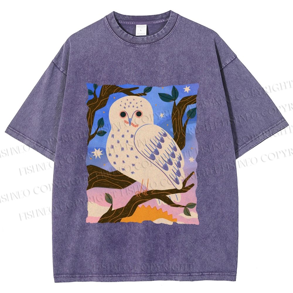 Unisex Owl at Night Printed Washed Tee