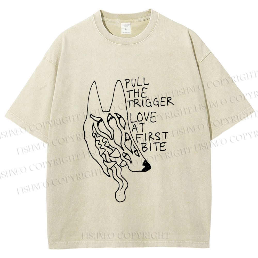 Unisex Silly Wolf Pull the Trigger Love At First Bite Printed Washed Tee