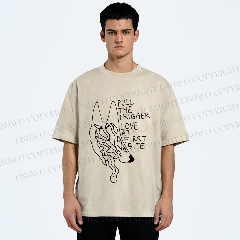 Unisex Silly Wolf Pull the Trigger Love At First Bite Printed Washed Tee