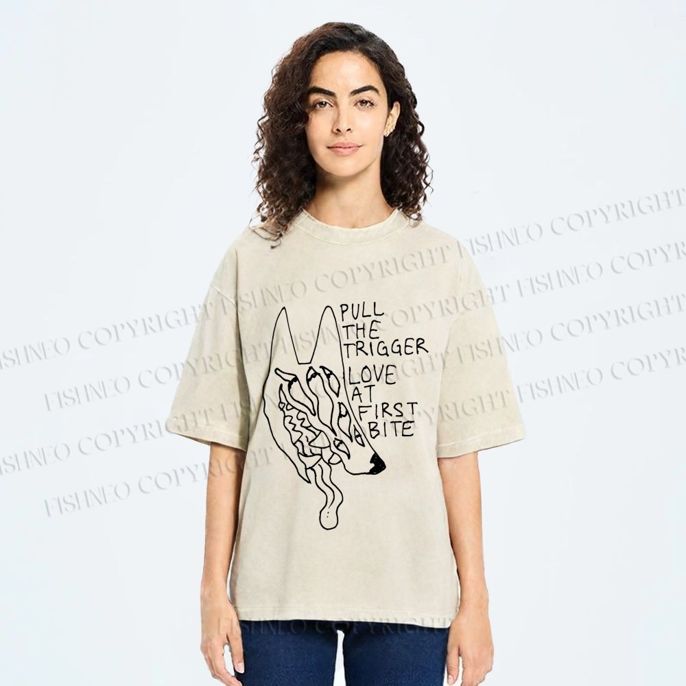 Unisex Silly Wolf Pull the Trigger Love At First Bite Printed Washed Tee