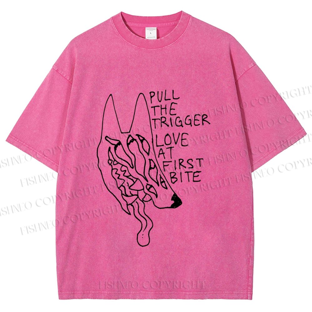 Unisex Silly Wolf Pull the Trigger Love At First Bite Printed Washed Tee