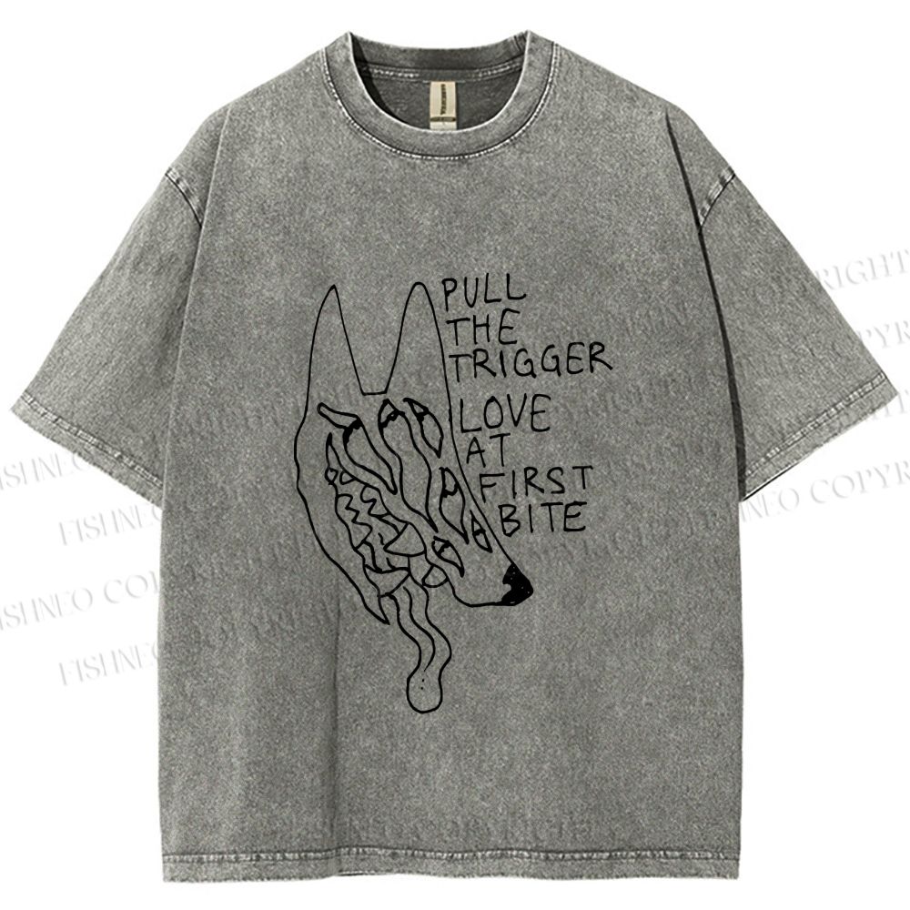 Unisex Silly Wolf Pull the Trigger Love At First Bite Printed Washed Tee