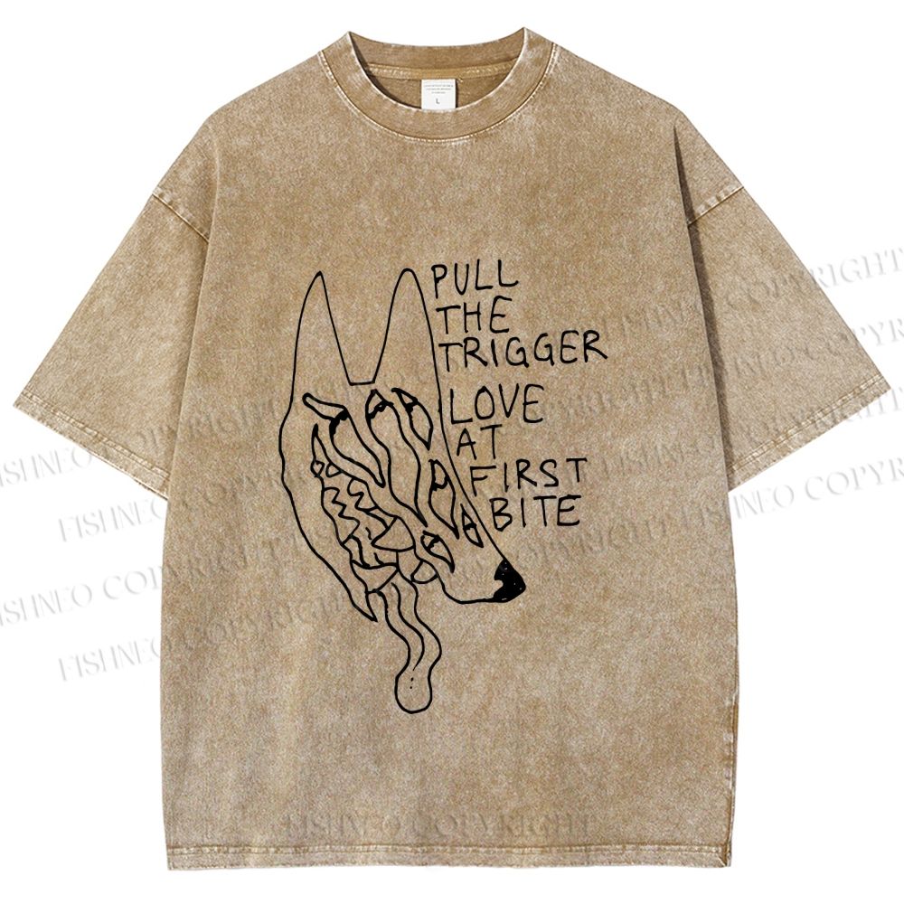 Unisex Silly Wolf Pull the Trigger Love At First Bite Printed Washed Tee