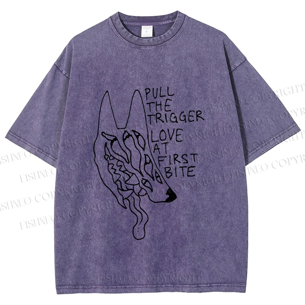 Unisex Silly Wolf Pull the Trigger Love At First Bite Printed Washed Tee