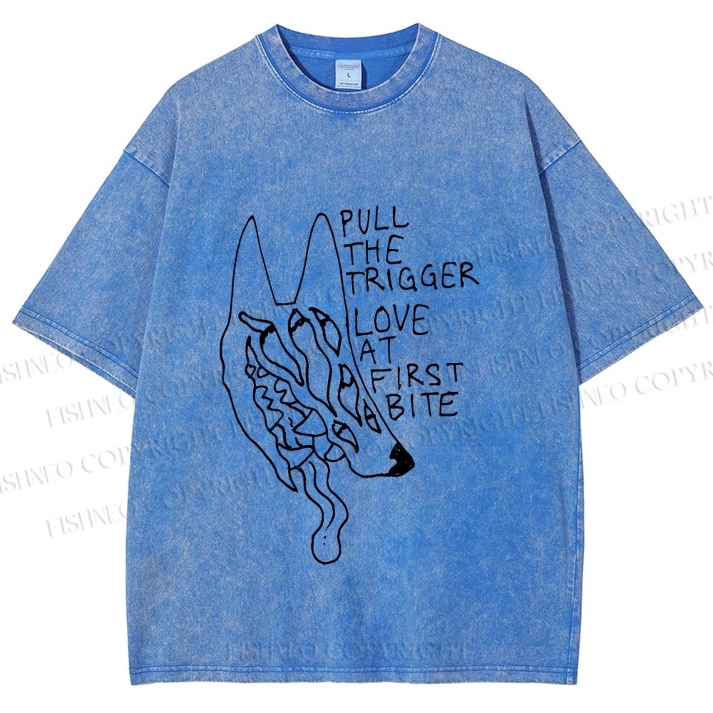 Unisex Silly Wolf Pull the Trigger Love At First Bite Printed Washed Tee
