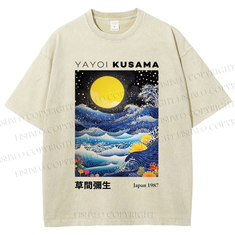 Unisex Yayoi Kusama Waves Moon Printed Washed Tee