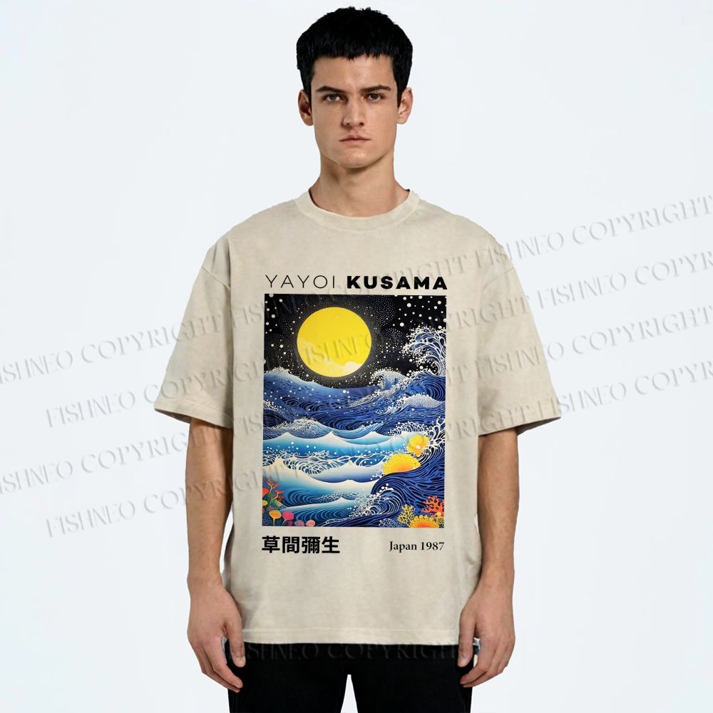 Unisex Yayoi Kusama Waves Moon Printed Washed Tee