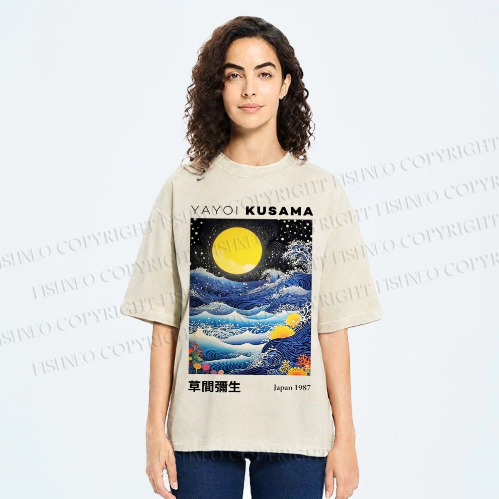 Unisex Yayoi Kusama Waves Moon Printed Washed Tee