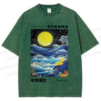 Unisex Yayoi Kusama Waves Moon Printed Washed Tee