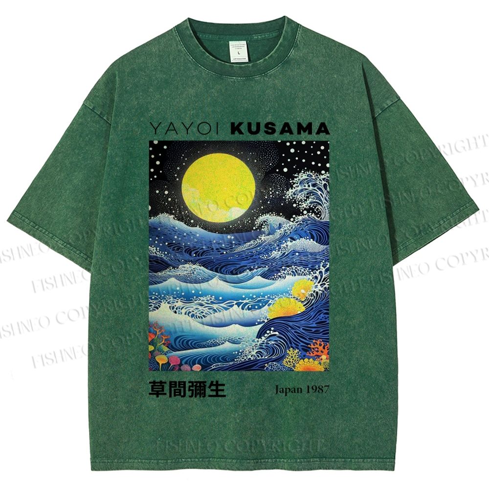 Unisex Yayoi Kusama Waves Moon Printed Washed Tee