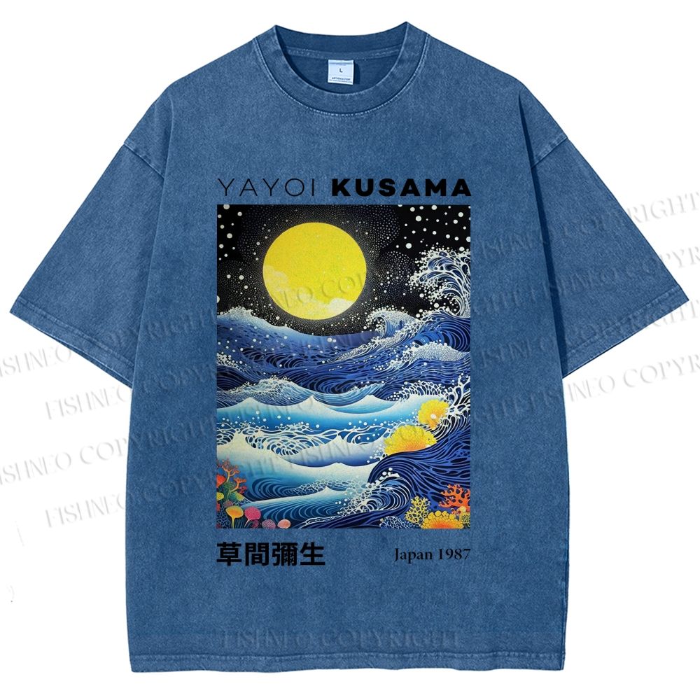 Unisex Yayoi Kusama Waves Moon Printed Washed Tee