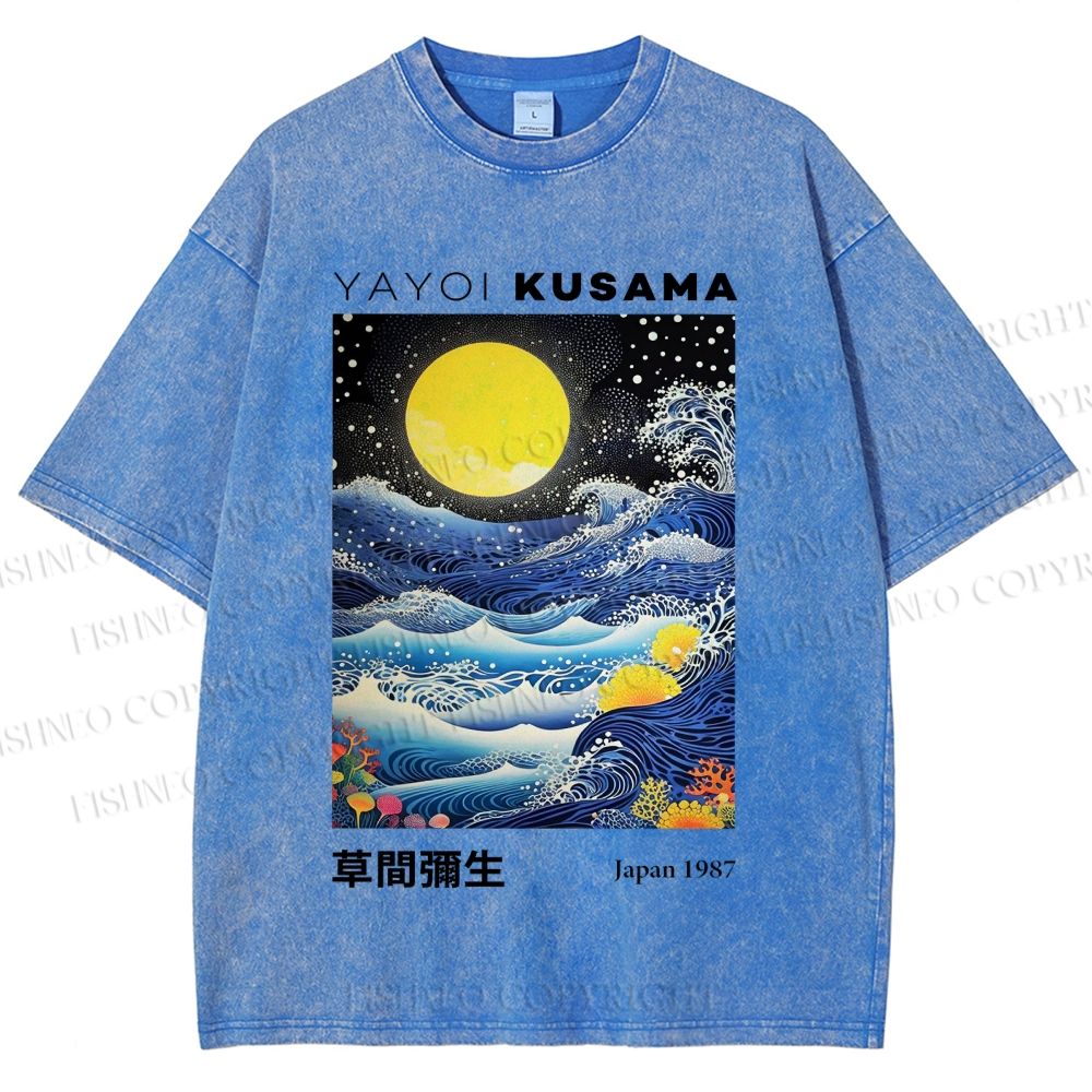 Unisex Yayoi Kusama Waves Moon Printed Washed Tee