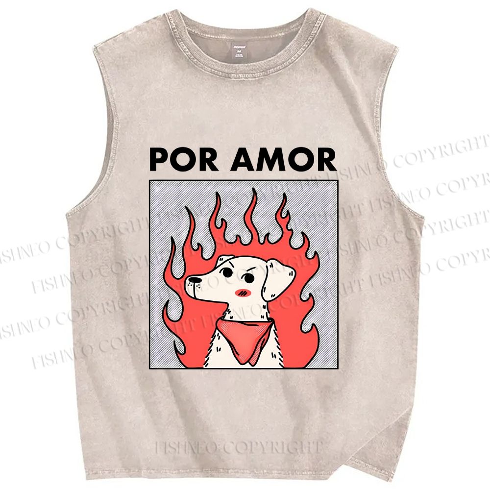 Unisex Por Amor Dog Printed Washed Tank Top