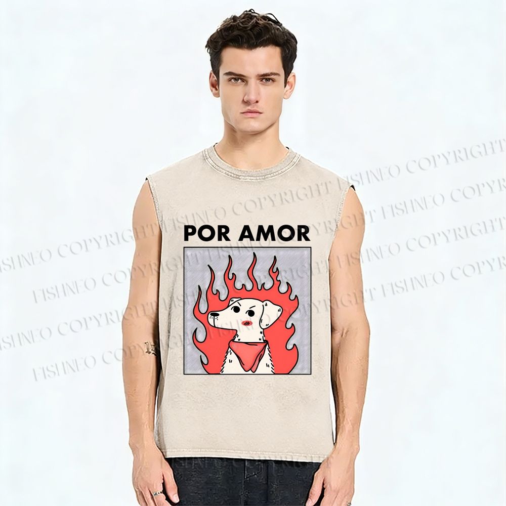 Unisex Por Amor Dog Printed Washed Tank Top